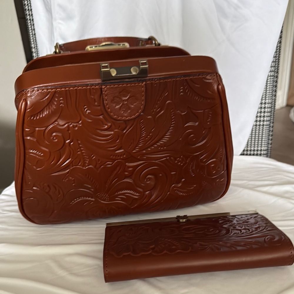 Patricia Nash Embossed Leather Satchel and Wallet in Cognac Brown
